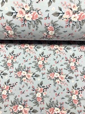 Jersey Stoff Baumwolle Kleiderstoff Rosengarten Grau/Rosé OekoTex