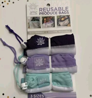NEW Lotus Reusable Produce Bags Eco-Friendly Mesh Machine Washable Set Of 3!