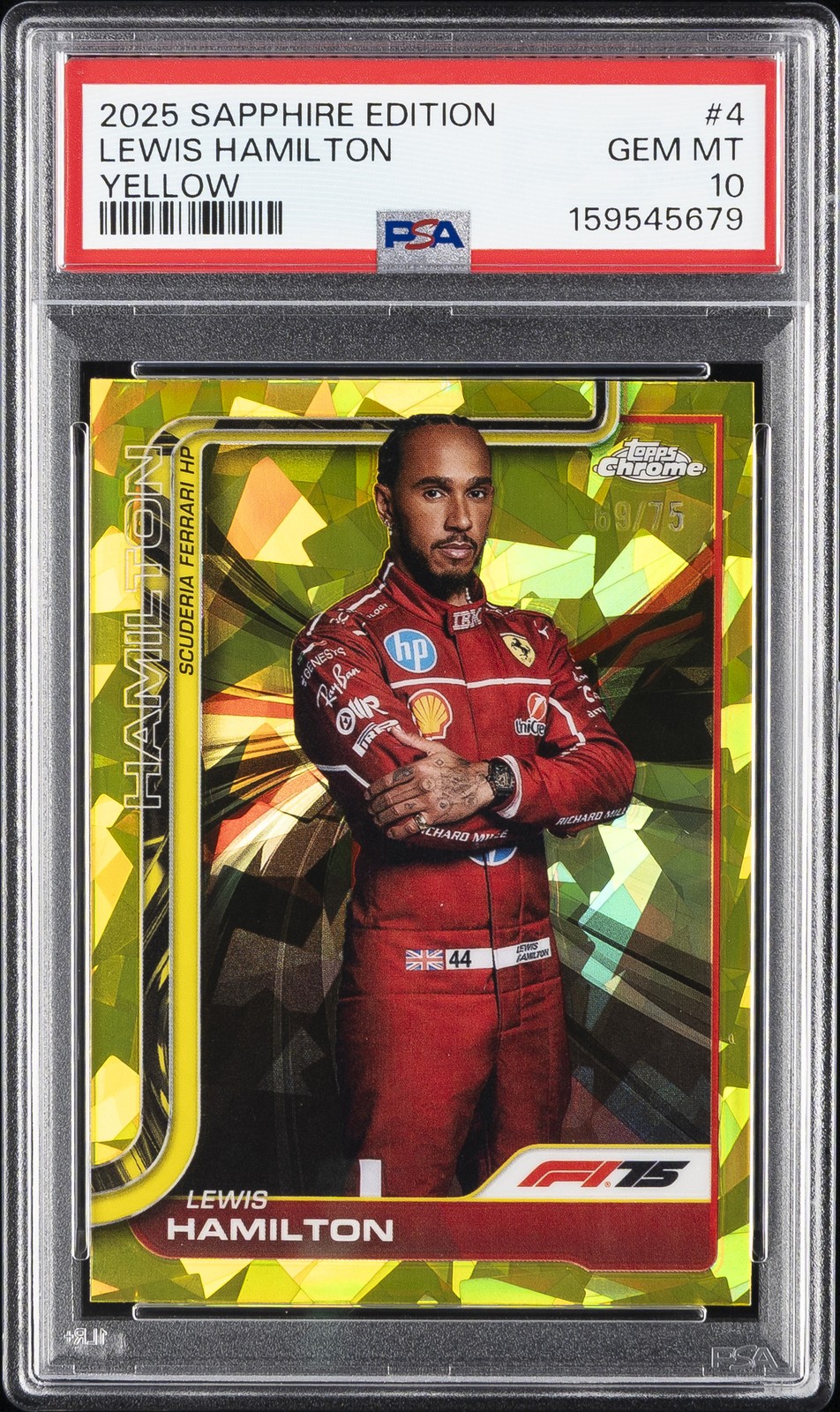 2025 TOPPS CHROME FORMULA 1 SAPPHIRE EDITION YELLOW LEWIS HAMILTON 69/75 PSA 10