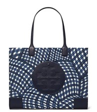 Tory Burch Ella Printed Tote Bag Handbag Navy Warped Gingham Nylon Leather