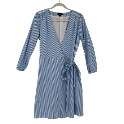 J. Crew Wrap Dress Women’s Size 4 Striped Cotton Poplin Blue White Lined
