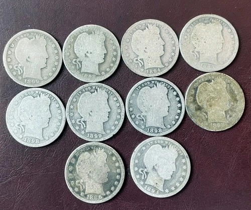 Barber Quarter Lot of 10 90% Silver