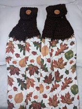 Double hanging kitchen towel fall Leafs design Brown Top Crochet