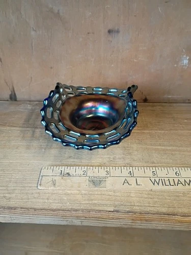 FENTON Carnival Glass Bowl Iridescent Basket Weave Laced Blue Ruffled Edge VTG