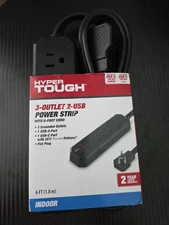 Hyper Tough - 3 Outlet + 2 USB Power Strip - 6 Foot - Black