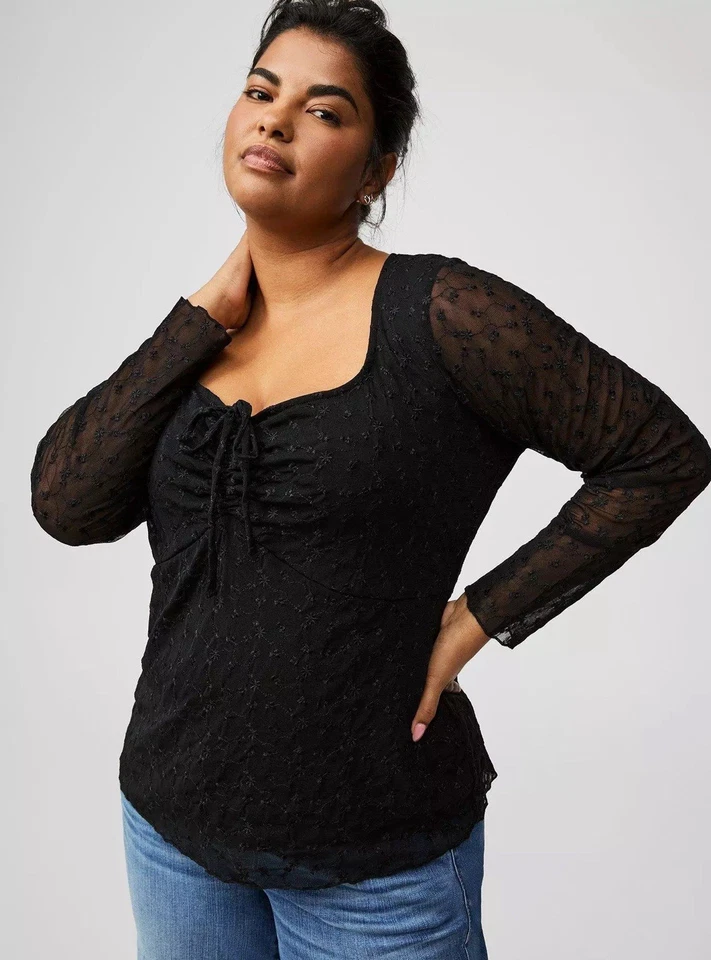 Torrid Sz 2 Black Tie Front Long Sleeve Top With Mesh Embroidered Overlay - Image 3 of 4