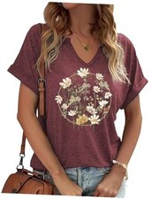 Earlymemb Womens Vintage Flowers V Neck Shirt Boho Floral XX-Large B-purple