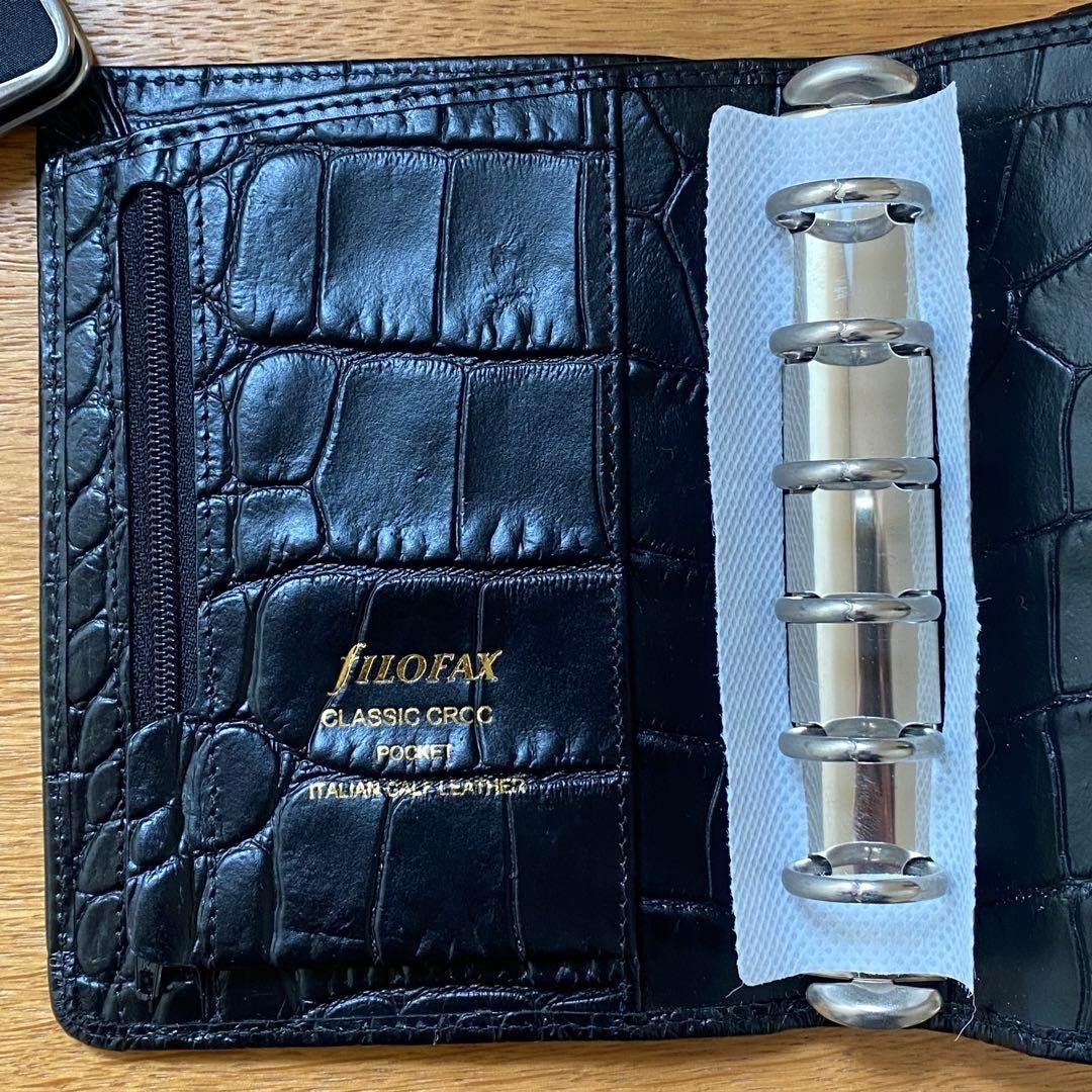 FILOFAX Classic Croc Pocket Organizer in Black Italian Calf