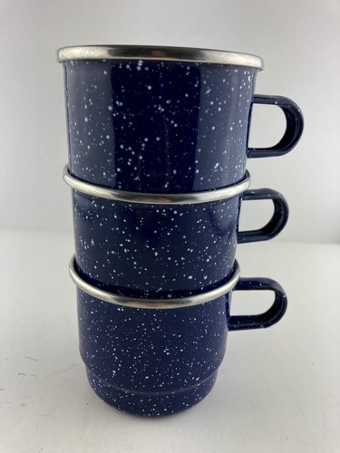 Vintage Speckled Blue w/White Enamel Tin Camping Coffee Mugs 10 oz Set of 3 - Picture 3 of 4