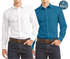 2 Pack Men's Berlioni Long Sleeve Button Regular Dress Shirt Turquoise - White