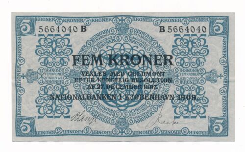 Denmark 5 Kroner 1909 P. 6 Prefix B. Signature: V. Lange Crisp VF/+ Very RARE - Picture 1 of 2