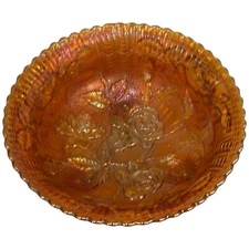 Vintage Marigold Rose Footed Bowl Iridescent Carnival Glass 7" Candy Dish