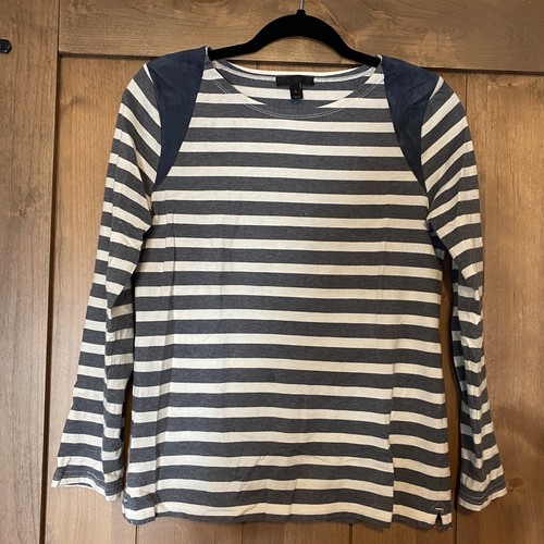 J. Crew Striped Shirt With Suede Shoulder Accents Size Small Grey - Picture 3 of 6