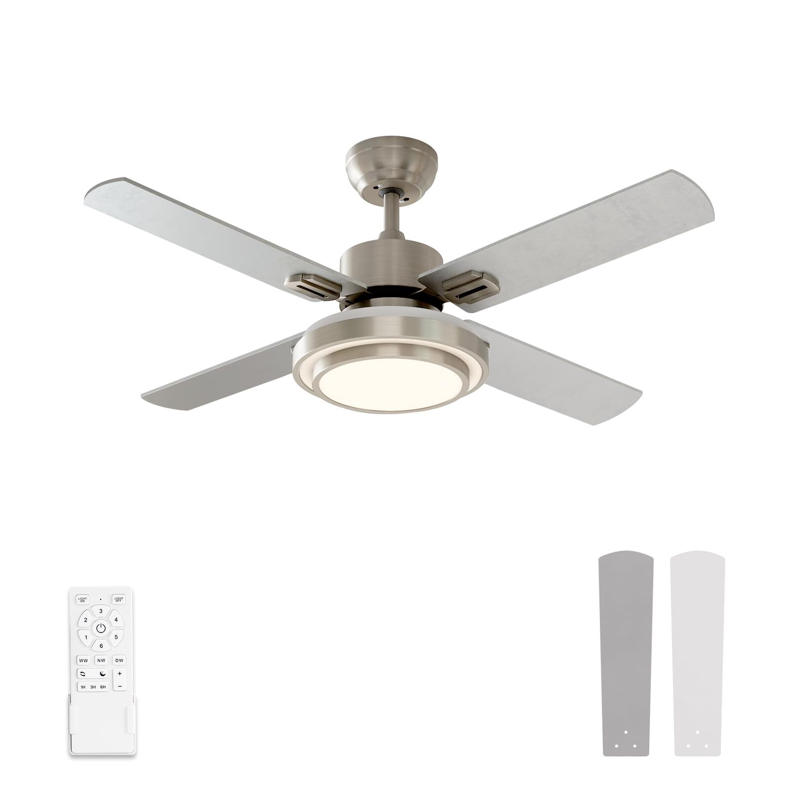 44-Inch Brushed Nickel Ceiling Fan with Lights & Remote Control, 4 Blades-image