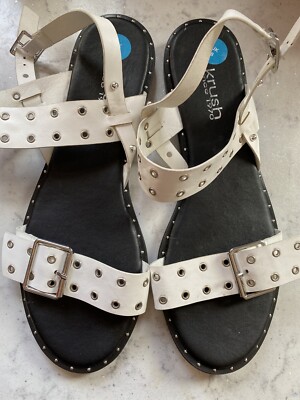 George Krush Women Flat Strappy Sandals Size White Leather New UK