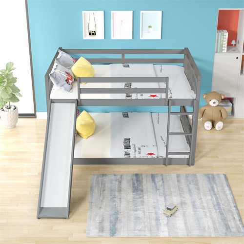 Wood Bed Frame Full Over Full Size Bunk Bed with Slide & Ladder for Kids Teens - Picture 13 of 15