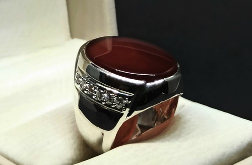 Natural Yemeni Deep Brown Aqeeq Sterling Silver 925 Handmade Carnelian Mens Ring - Picture 2 of 12