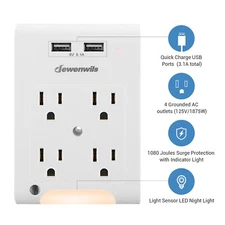 DEWENWILS Multi Wall Plug Outlet Adapter Light Sensor LED Night Light, 4 Outlets