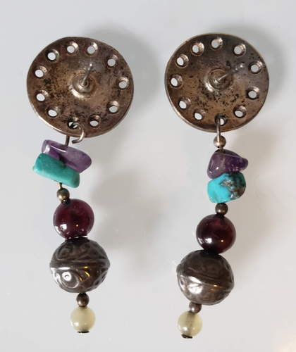 Silver Disc With Amethyst, Turquoise Garnet Beads Drop Earrings* - Picture 3 of 3