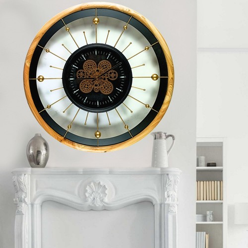 The Gears Clock SPAIN LINE WALL CLOCK ROUND 32 INCH "BARCELONA" BLACK AND WOOD - Picture 12 of 24
