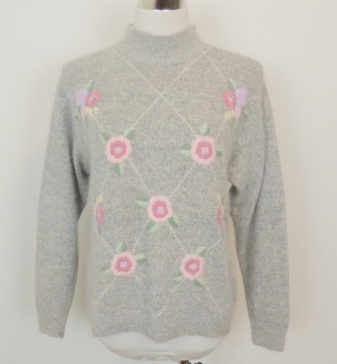 Private Party Vintage Soft Angora Sweater Turtleneck Floral Embroidery Gray 