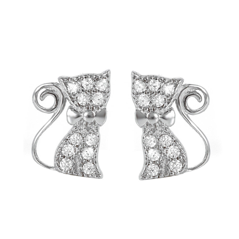 Kitty Cat with Bow Tie Stud Earrings Rhodium ad Rose Gold-plated Silver with Cubic Zirconia Kitty Cat with Bow Tie Stud Earrings Rhodium ad Rose Gold-plated Silver with Cubic Zirconia