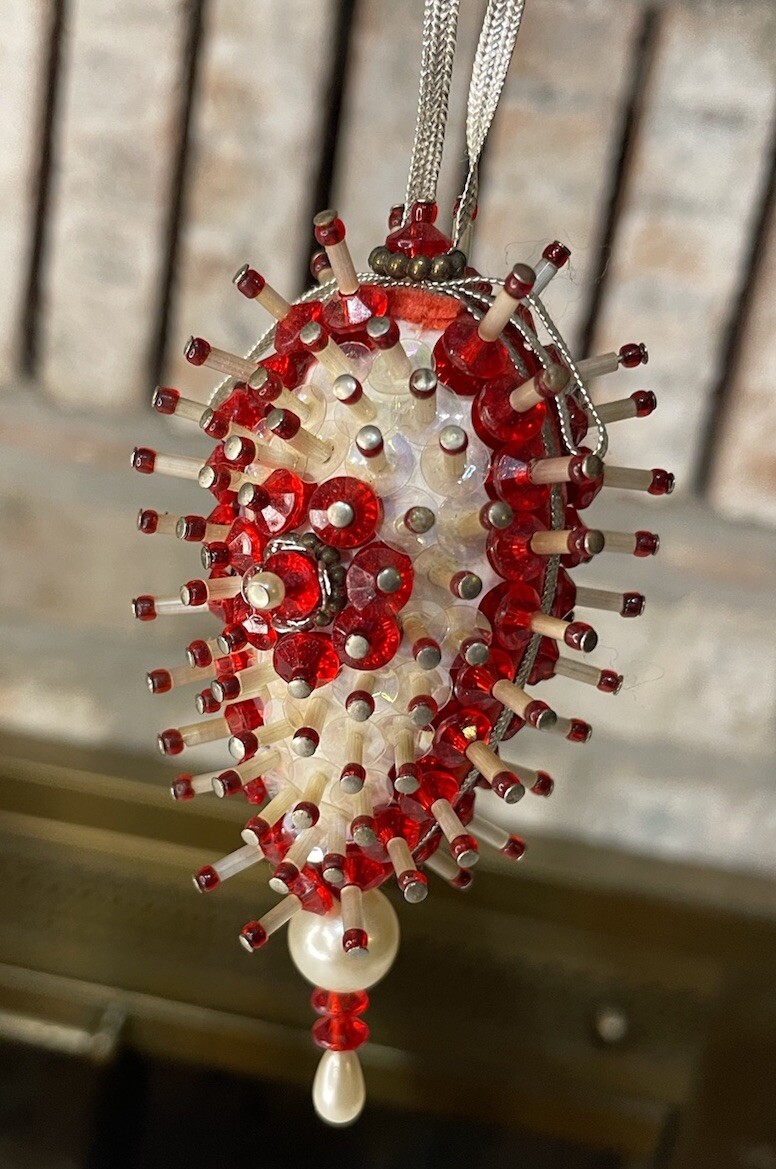 Vintage Push Pin Christmas Ornament Red White Elongated Handmade  3.5”