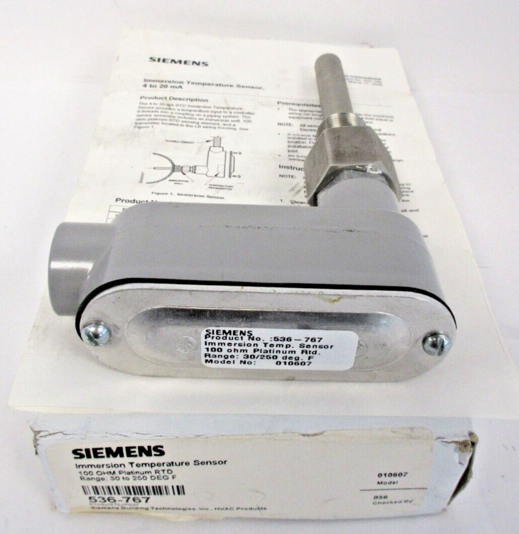 Siemens 536-767 Immersion Temperature Sensor. Range 30-250F 100 OHM Platinum RTD