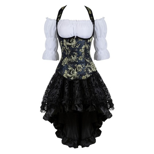 Women Gothic Corset Dress Embroidery Floral Underbust Corset Vest Lace  Skirt Set | eBay