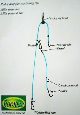 4 X Sea fishing pulley dropper cod rig/'s made in 4//0 Aberdeen hook/'s