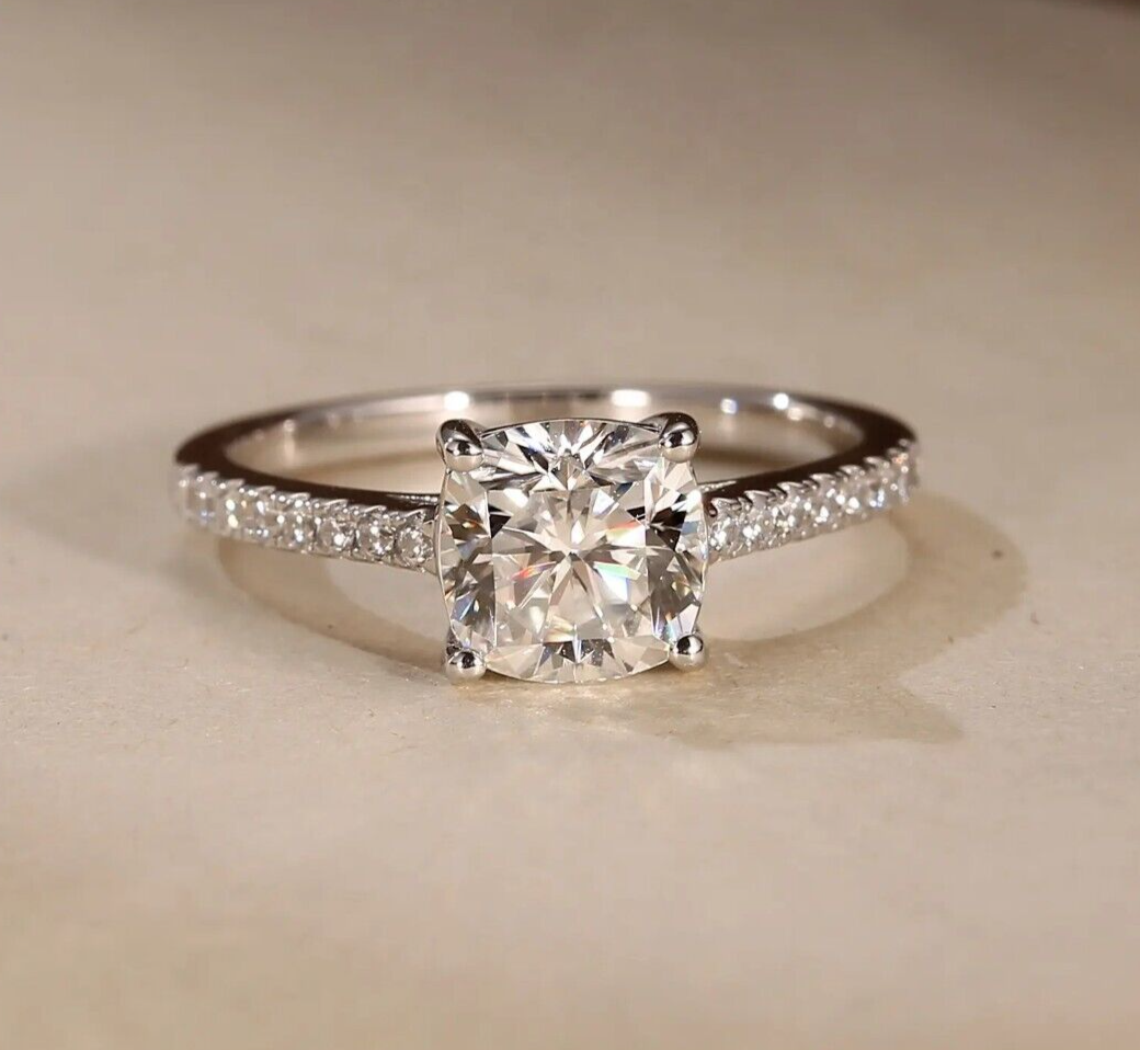 2.10 Ct Cushion Cut VVS1 Moissanite Engagement Ring 14K White Gold Plated