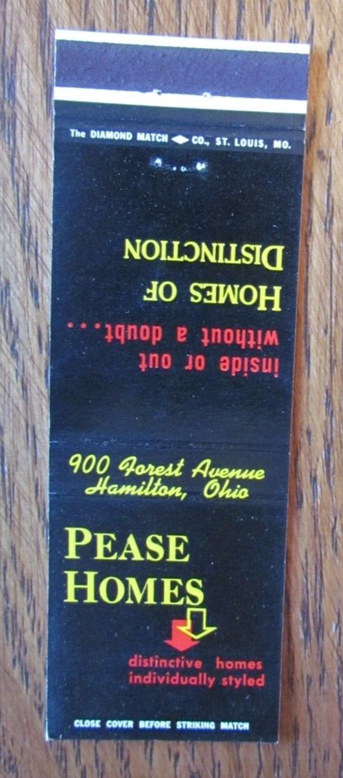 HAMILTON, OHIO MATCHBOOK COVER PEASE HOMES 1960s EMPTY MATCHCOVER D