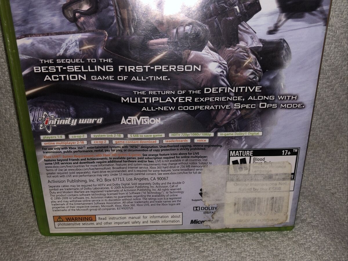 Xbox 360 Call Of Duty Modern Warfare 2 Video Game Disc in Case Rated M 17+