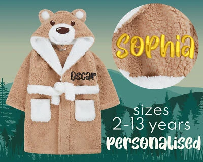METZUYAN Personalised Gift Kids Boys Dressing Gown Teddy Bear Robe Hooded Size 2-13 Years