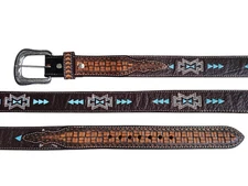 Western Brown Leather Belt Size 32 Basketweave Tooled & Aztec Embroidered Inlay