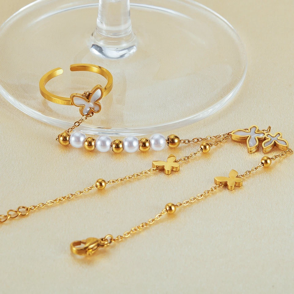 B Ware Edelstahl Handkette Schmetterling m. Perlmutt Handschmuck Armband m. Ring - Bild 4 von 4