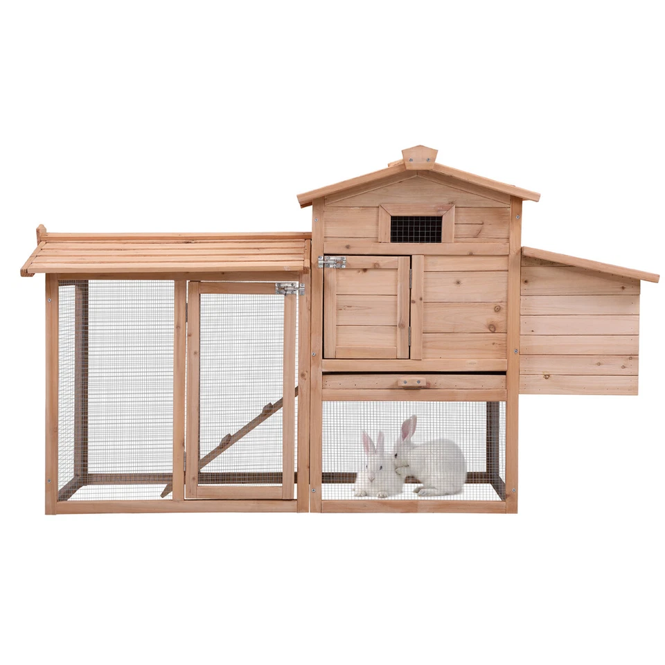 Wooden Large Rabbit Hutch Chicken Coop Hen House Poultry Pet Cage w/Run Outdoor - Image 3 of 4