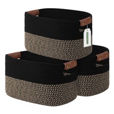 3 PCS 15x10x9 Inch Woven Cotton Rope Storage Basket PU Leather Handles Bin