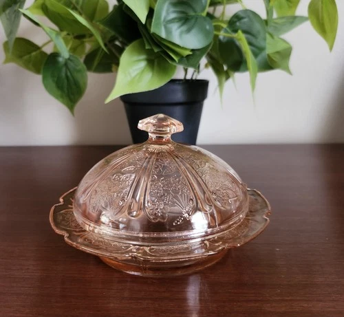 VTG 1930s Jeannette Cherry Blossom Pink Depression Glass Butter Candy Dish W/Lid