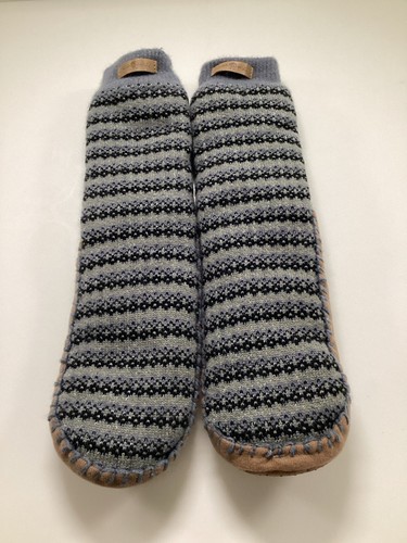 Muck Luk Style Gaa Huu Brand Grey and Navy Blue Sherpa Slippers Gripper Soles