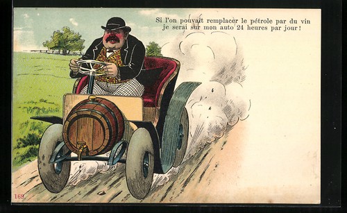 Auto mit Motorhaube in Bierfass-Gestalt, Ansichtskarte