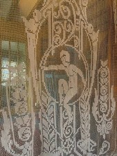 Antique French Linen Filet Lace Boudoir Bedspread Panel | Belle Epoque | 1920s