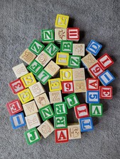 Lot of 50 Wooden Alphabet Building Blocks Letters Numbers Pictures 1-1/4 Modern