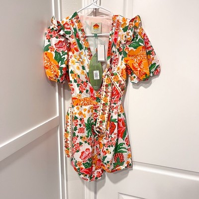 Farm Rio Flowerful Sketch Romper Womens XXS Belted V-Neck Puff Sleeve Floral