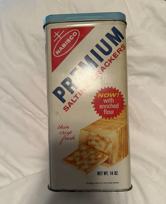 Nabisco Premium Saltine Crackers Advertising Tin Canister 1969 White/Blue/Red