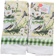 Set of 2 Same Kitchen Terry Towels 15"x25" BIRD,BUTTERFLY DAISIES FLOWERS,AM