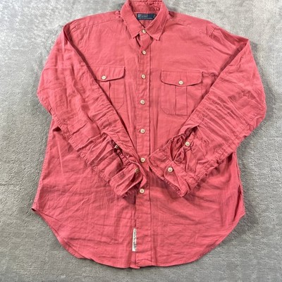 Polo Ralph Lauren Linen Shirt Men Medium Pink Button Down Utility Roll Tab Beach