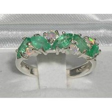 Unusual Solid 925 Sterling Silver Natural Fiery Opal & Emerald Eternity Ring
