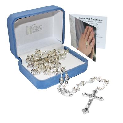 Kommunion klar Rosenkranz Perlen und Karten Set in Samt Geschenkbox