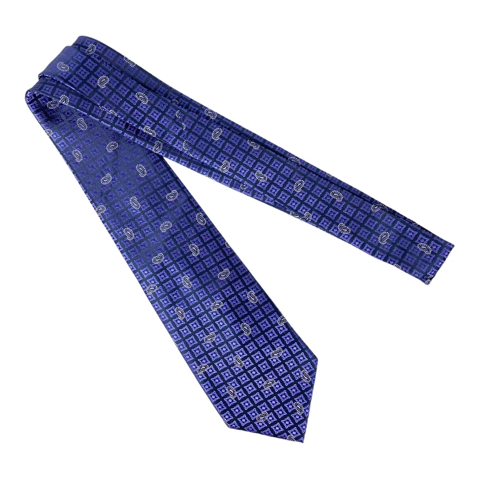 CLERICCI Corbata Cuello Azul Cachemira y Plata Geométrica 100% Poliéster Clásica Usada en Excelente Condición Foto 2 de 4